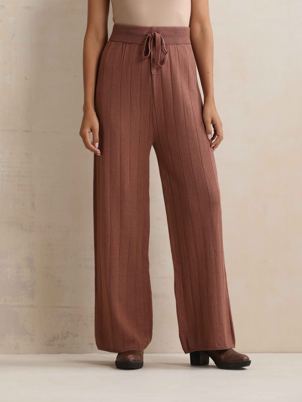 trueBrowns Peach Woollen Flared Pants | Grocsy