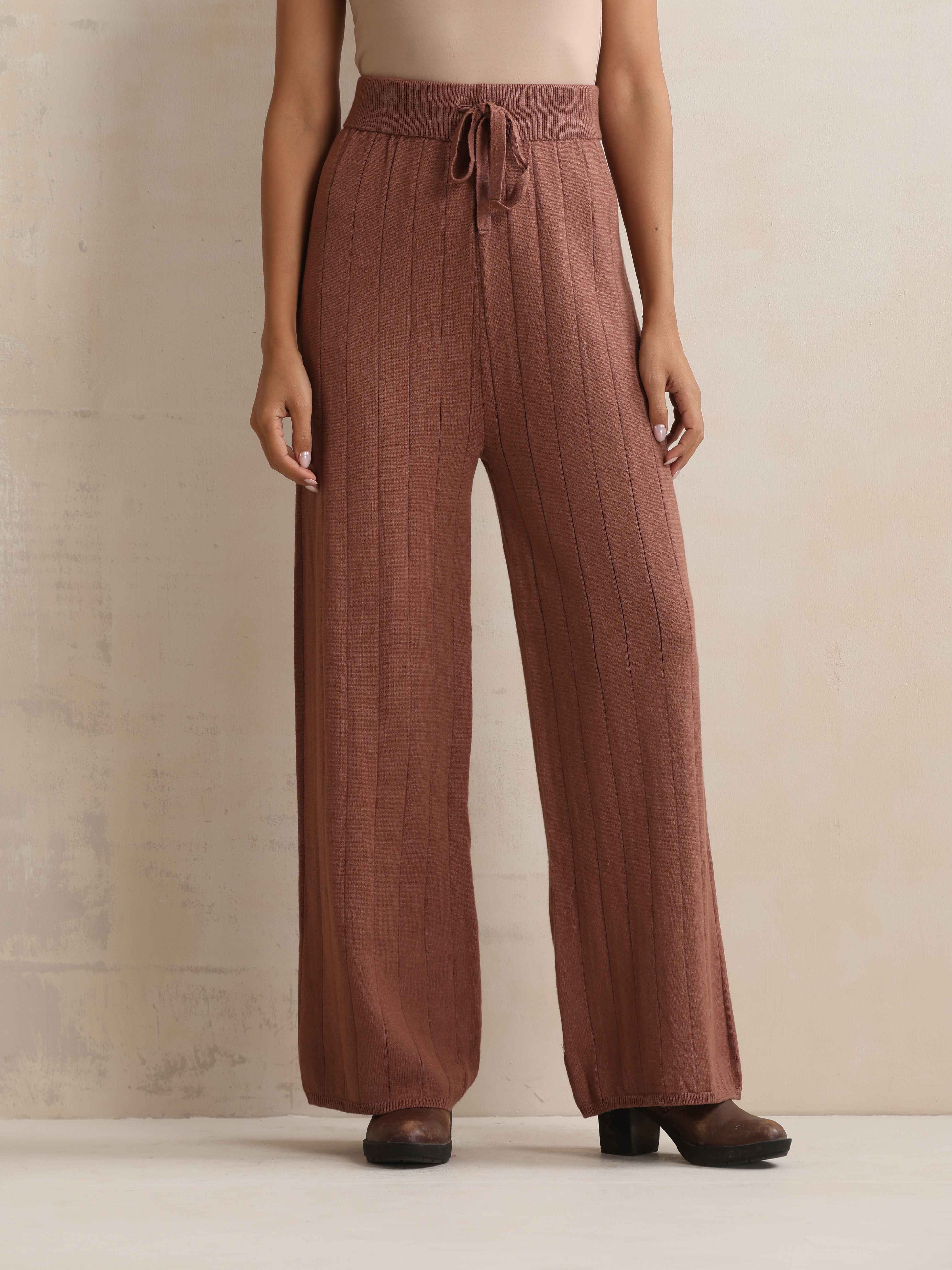 trueBrowns Peach Woollen Flared Pants | Grocsy