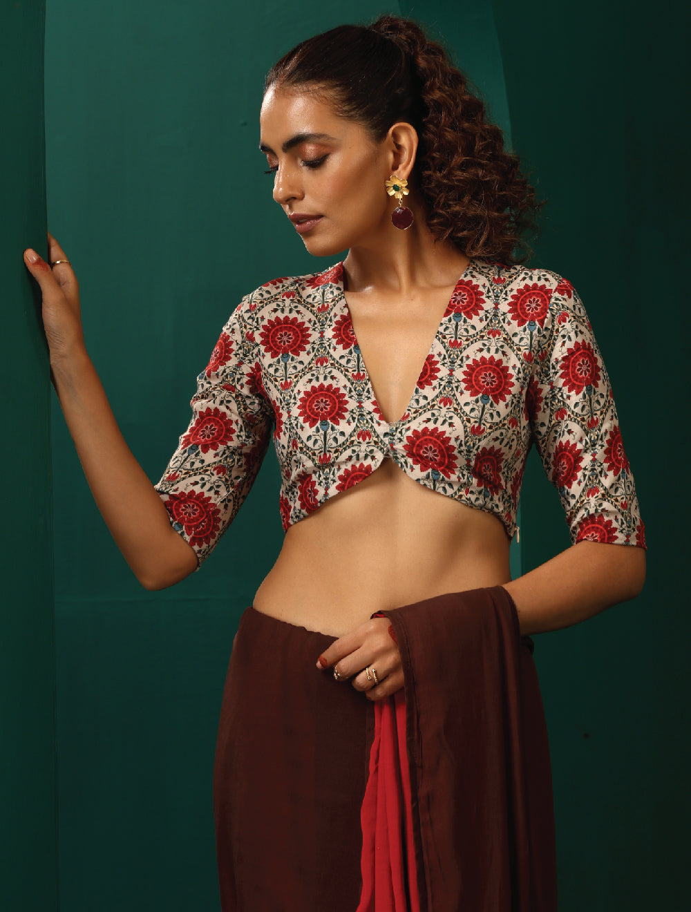 trueBrowns Ivory Red Circle Floral Muslin Silk Printed Deep V-Neck Blouse | Grocsy