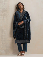 trueBrowns Blue Velvet Embroidered Kurta Pant Dupatta Set | Grocsy