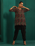 trueBrowns Black Ikat Muslin Silk Printed High Low Co-ord Set | Grocsy