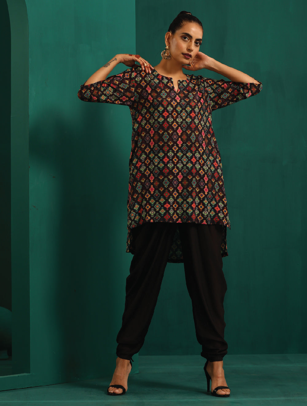trueBrowns Black Ikat Muslin Silk Printed High Low Co-ord Set | Grocsy