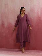 trueBrowns Light Purple Cotton Dobby Flared Kurta Set | Grocsy