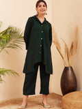 InWeave Women's Forest Green Collared Front Button Blazer Kurta Pant Set | Grocsy