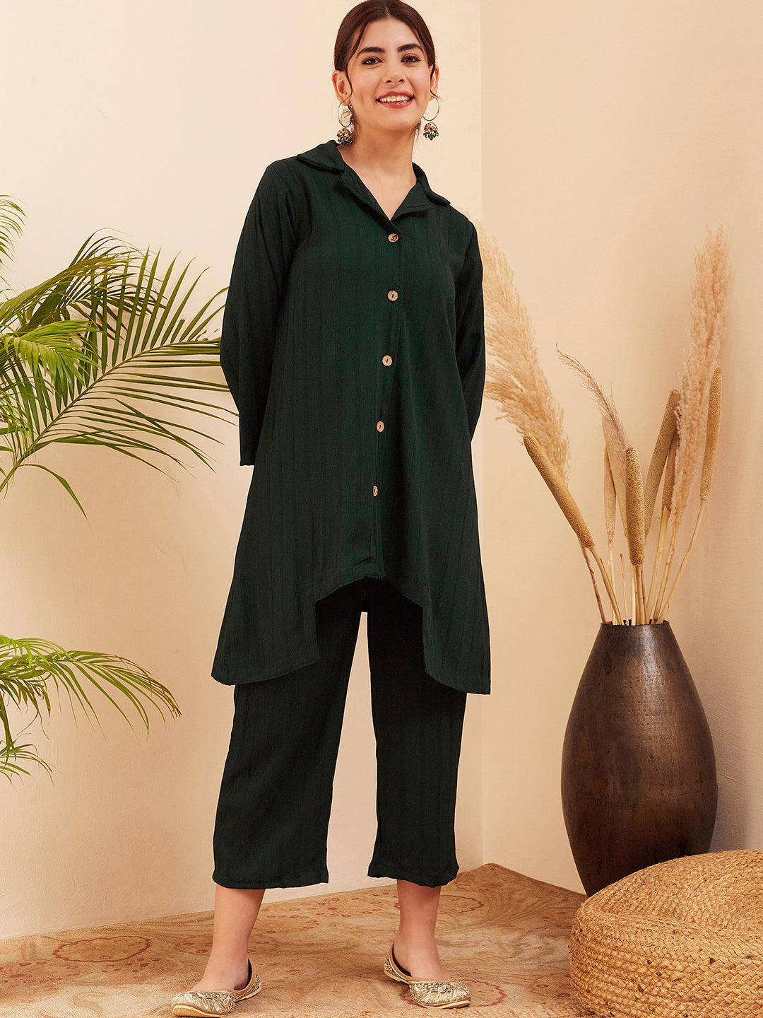 InWeave Women's Forest Green Collared Front Button Blazer Kurta Pant Set | Grocsy