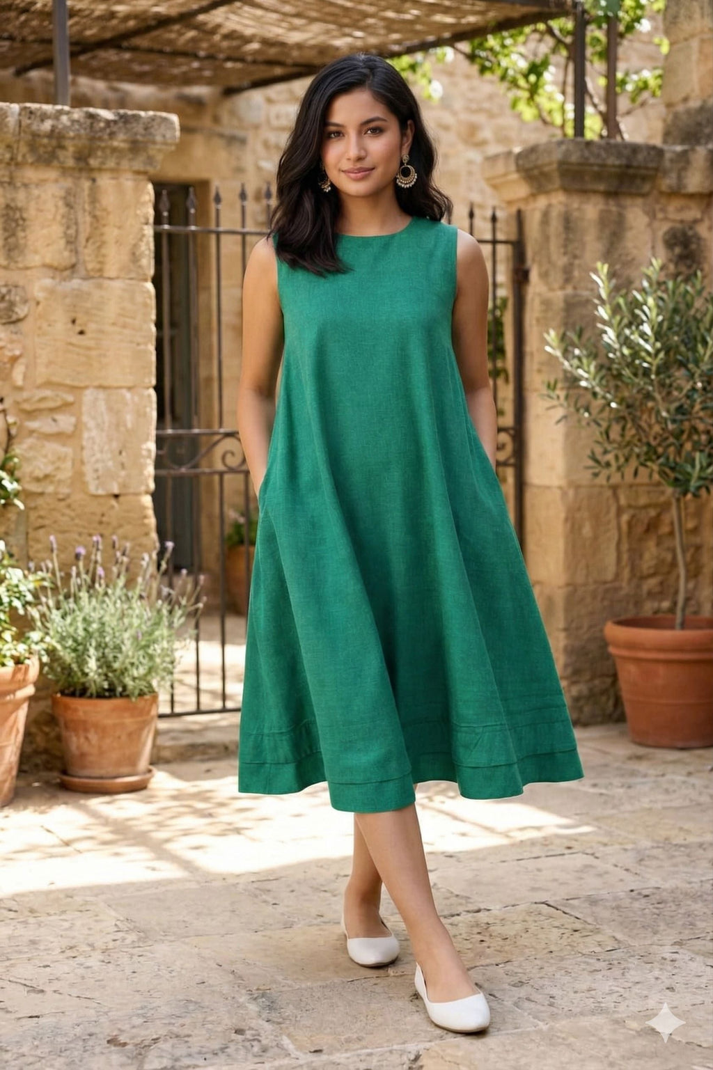 Myshka Women Green Linen Smart Casual A-Line Midi Dress | Grocsy