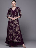 Ahalyaa Women Burgundy Floral Fit & Flare Maxi Ethnic Dress | Grocsy