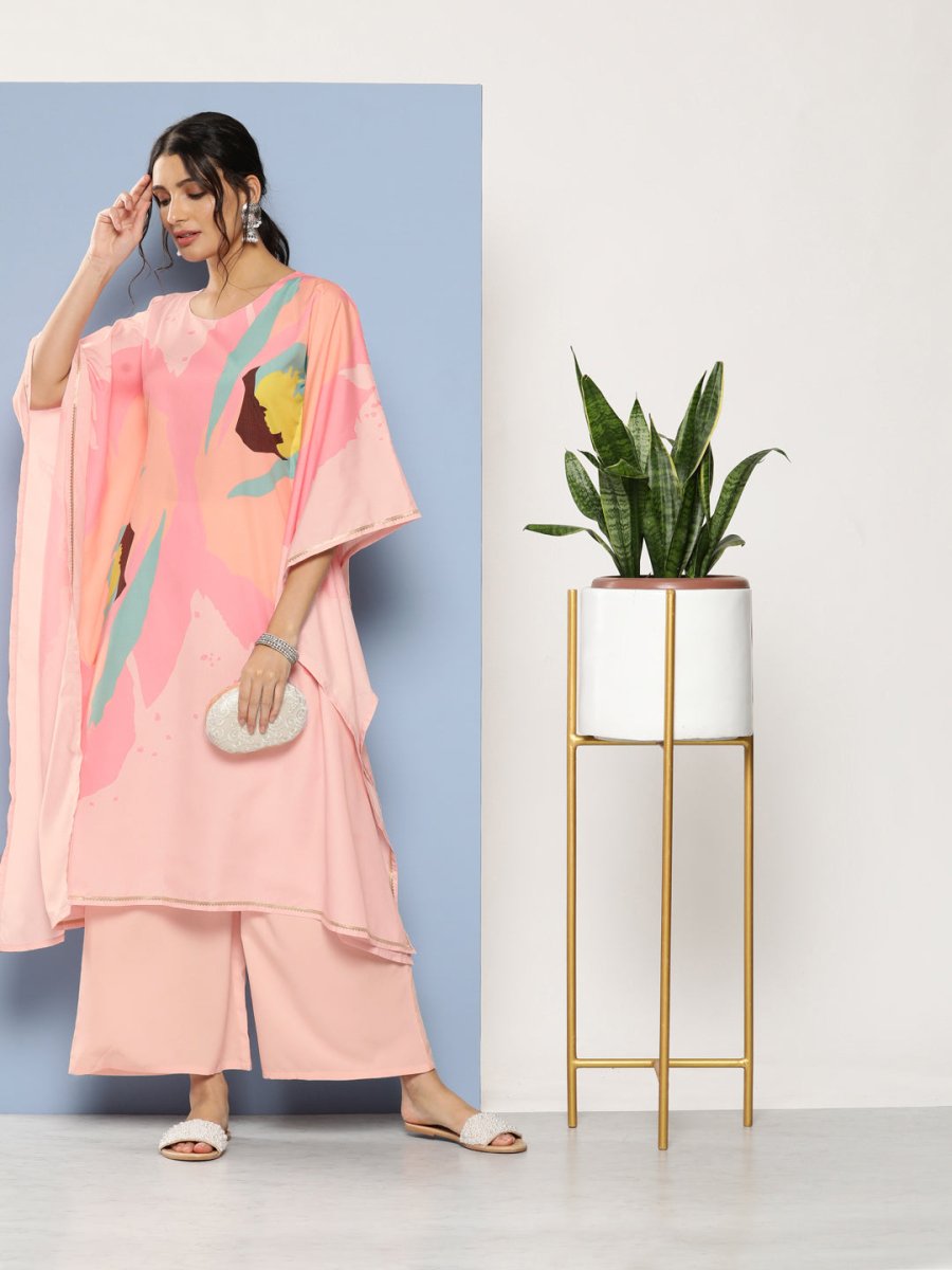 Ahalyaa Women Pink Printed Gotta Patti Kurta with Palazzos | Grocsy