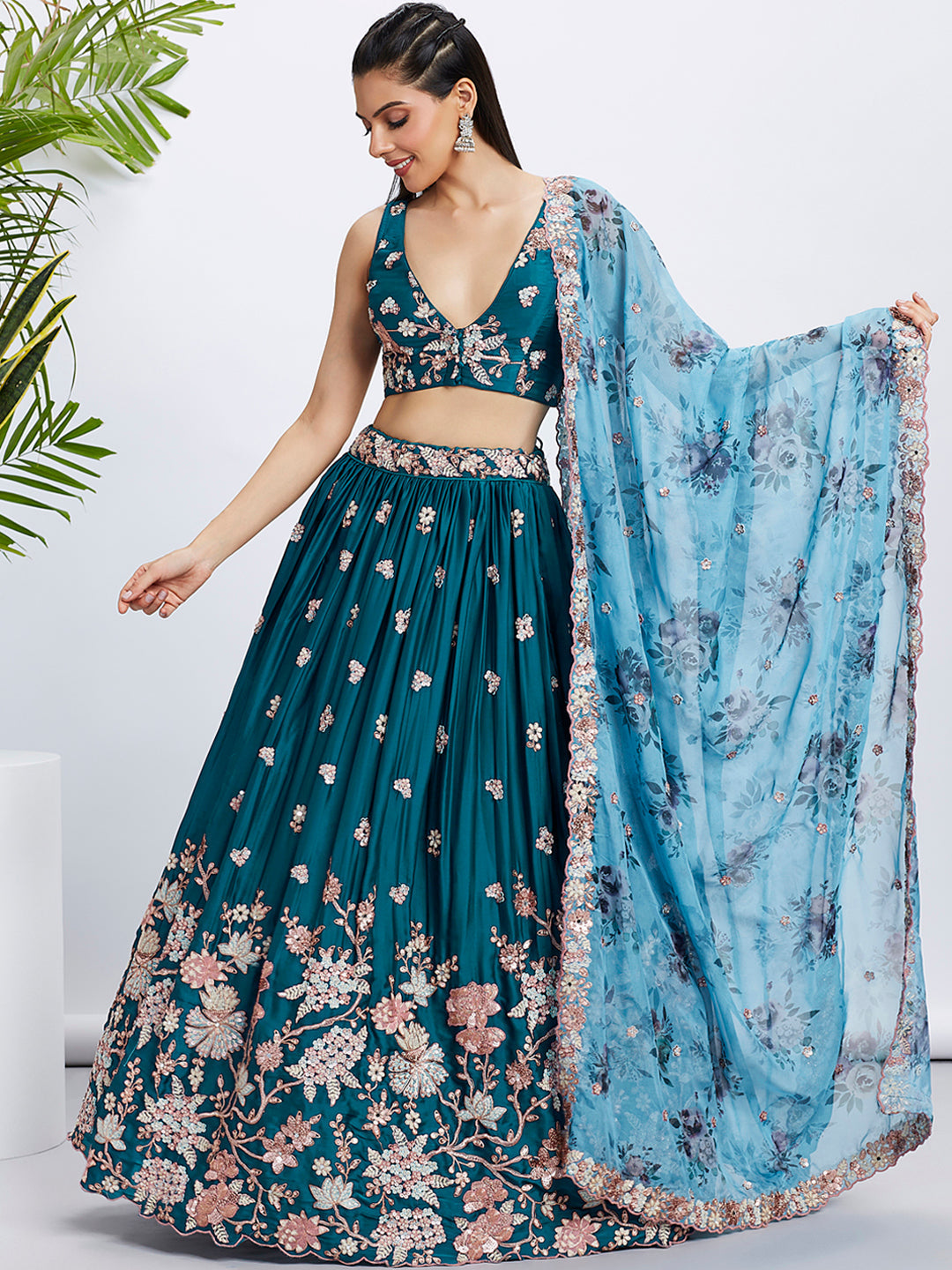 House of Panchhi Olive Pure Georgette Sequins And Thread Embroidery Lehenga Choli & Dupatta | Grocsy
