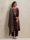 trueBrowns Maroon Velvet Embroidered Kurta Pant Dupatta Set | Grocsy