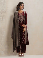 trueBrowns Maroon Velvet Embroidered Kurta Pant Dupatta Set | Grocsy