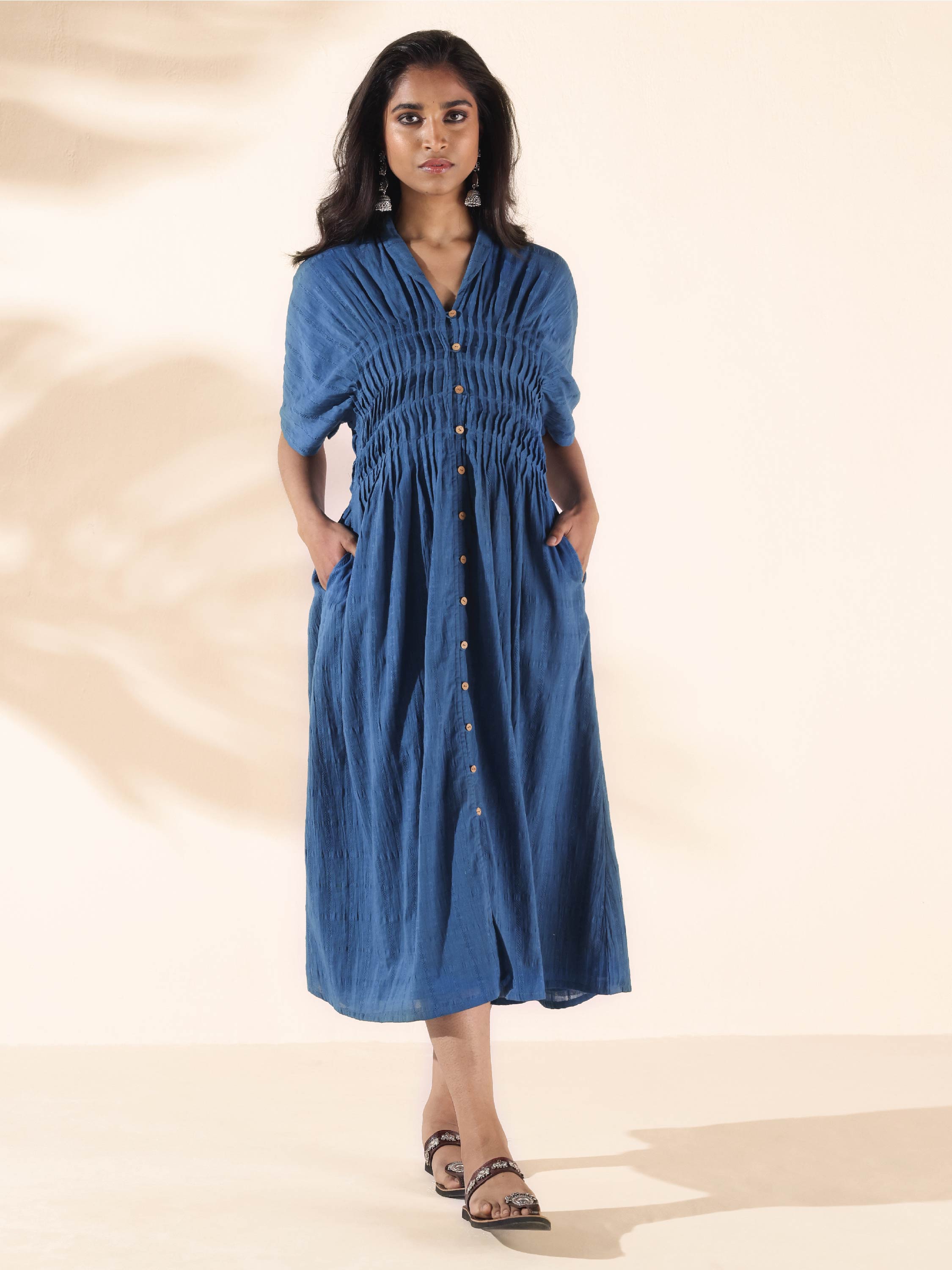 trueBrowns Blue Cotton Dobby Dress | Grocsy
