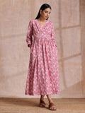 trueBrowns Pink Overall Floral Block Print Cotton Wrap Dress | Grocsy