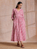 trueBrowns Pink Overall Floral Block Print Cotton Wrap Dress | Grocsy