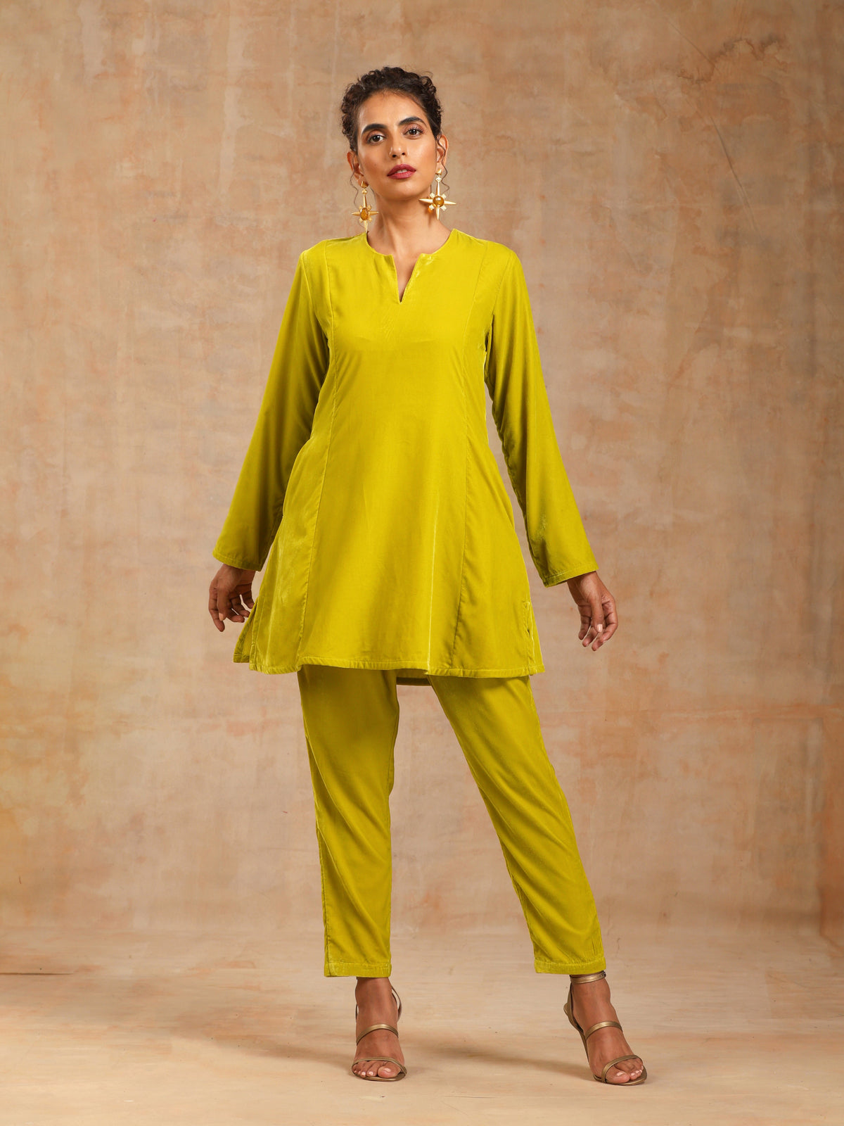 trueBrowns Lime Velvet Solid Co-ord Set | Grocsy