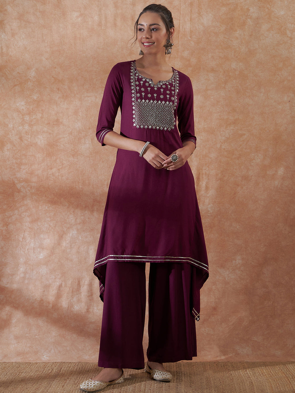 InWeave Women's Burgundy Emb Assymetrical Kurta Pant Set | Grocsy