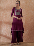InWeave Women's Burgundy Emb Assymetrical Kurta Pant Set | Grocsy