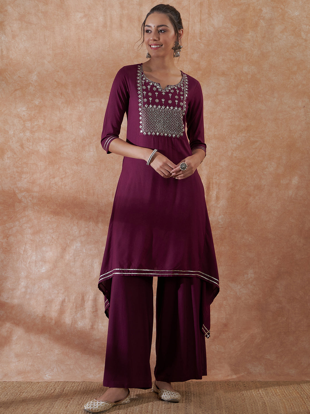 InWeave Women's Burgundy Emb Assymetrical Kurta Pant Set | Grocsy