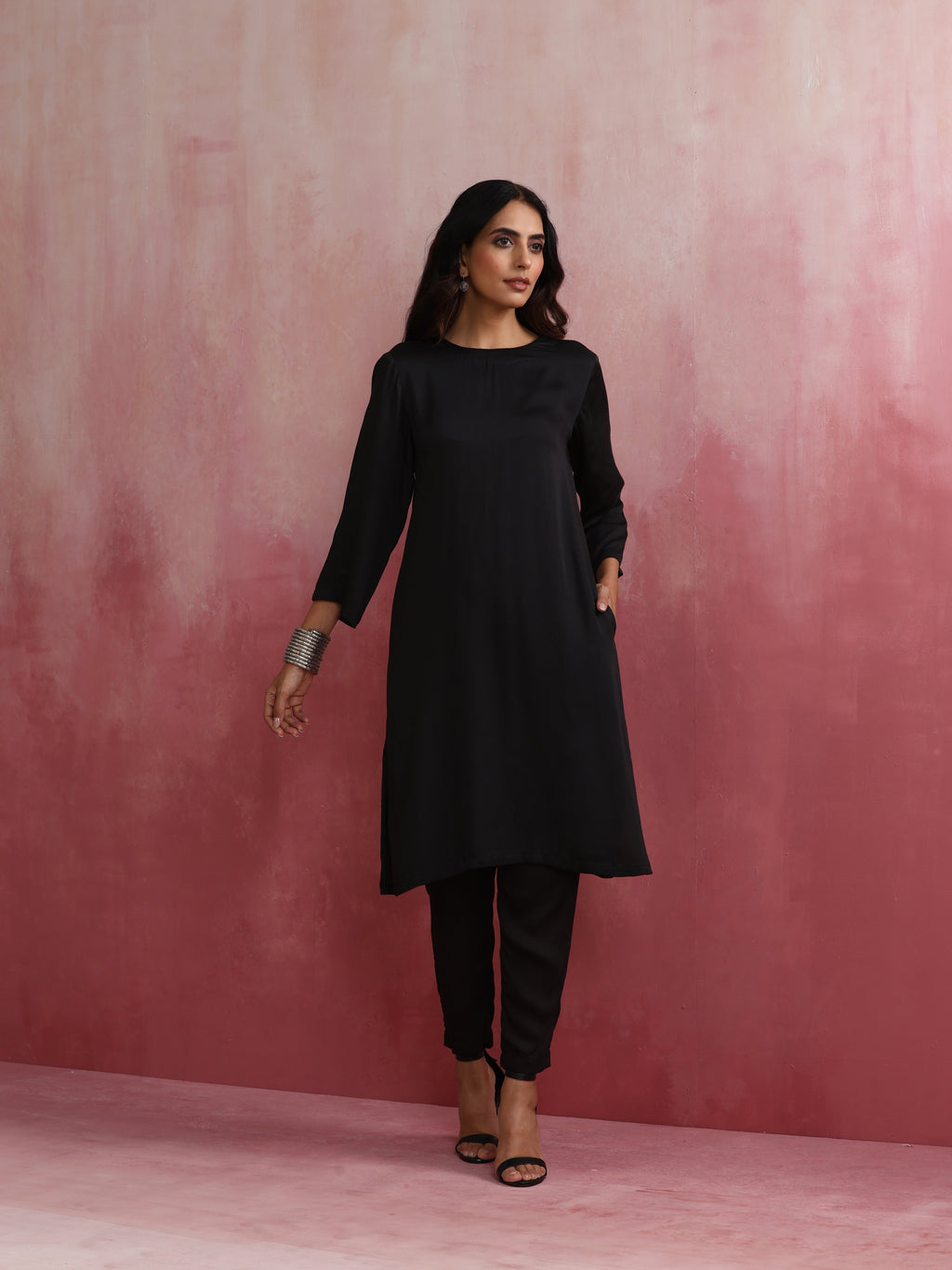 trueBrowns Black Modal Round Neck Kurta Co-ord Set | Grocsy