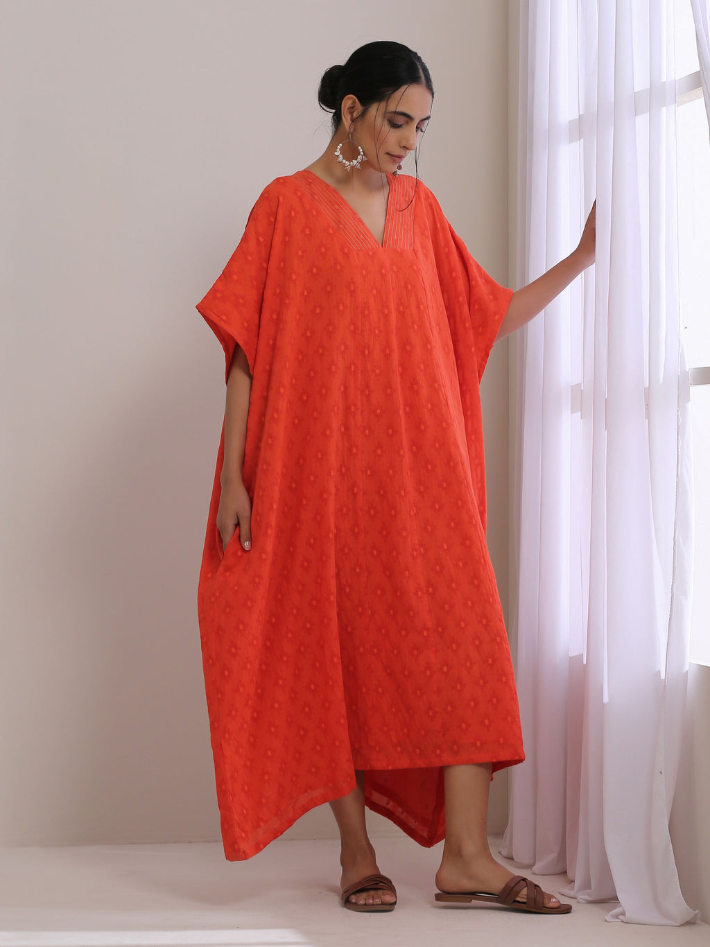 trueBrowns Orange Dobby Panel Kaftan Dress | Grocsy