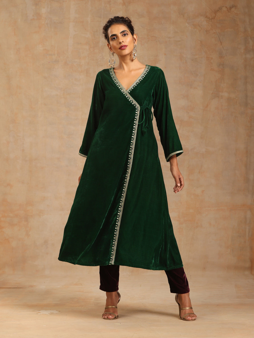 trueBrowns Green Velvet Embroidered Angrakha Kurta | Grocsy