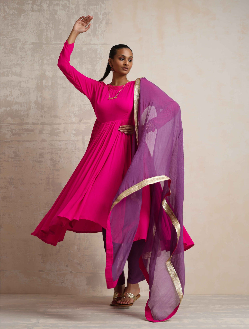 trueBrowns Pink Crinkle Anarkali Kurta Pant Dupatta Set | Grocsy
