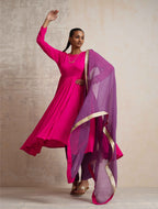 trueBrowns Pink Crinkle Anarkali Kurta Pant Dupatta Set | Grocsy