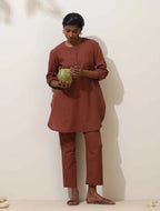 trueBrowns Brown Cotton Linen Kurta Co-Ord Set | Grocsy