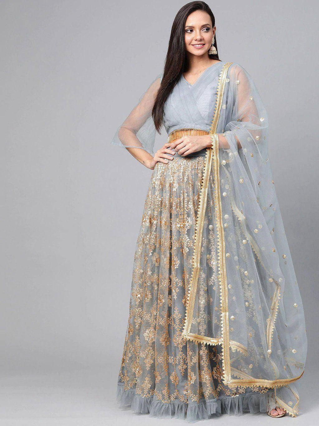 Tulsi Art Grey & Golden Semi-Stitched Embellished Myntra Lehenga & Unstitched Blouse With Dupatta | Grocsy