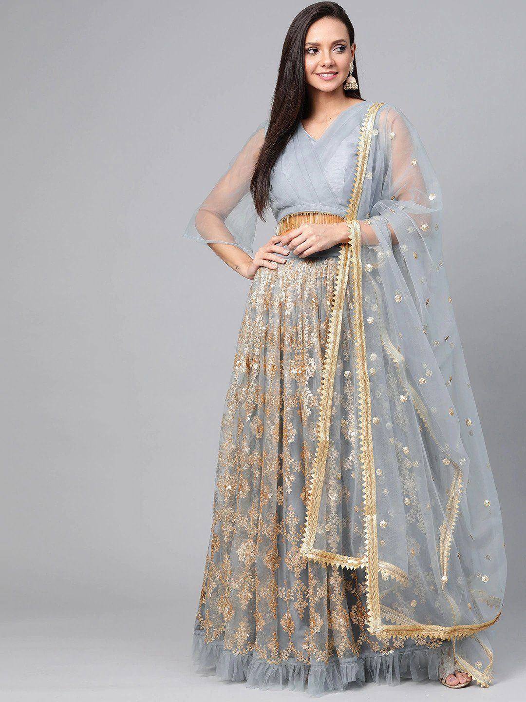 Tulsi Art Grey & Golden Semi-Stitched Embellished Myntra Lehenga & Unstitched Blouse With Dupatta | Grocsy