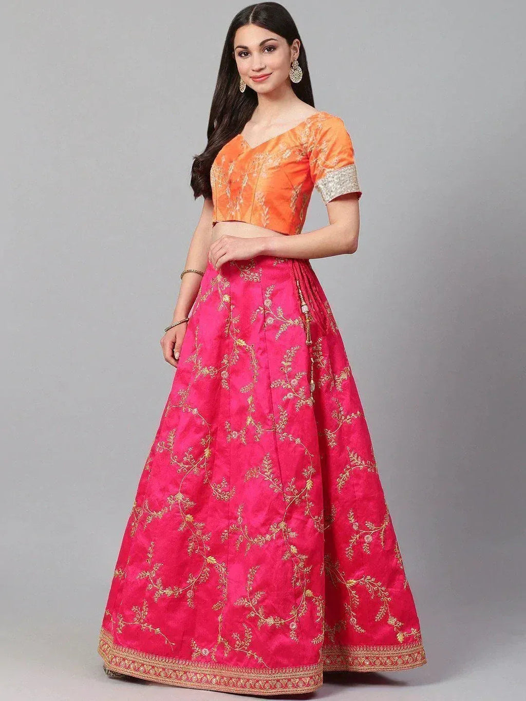 Tulsi Art Pink Embroidered Mulberry Bridal Lehenga Choli With Printed Green Dupatta | Grocsy