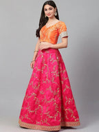 Tulsi Art Pink Embroidered Mulberry Bridal Lehenga Choli With Printed Green Dupatta | Grocsy