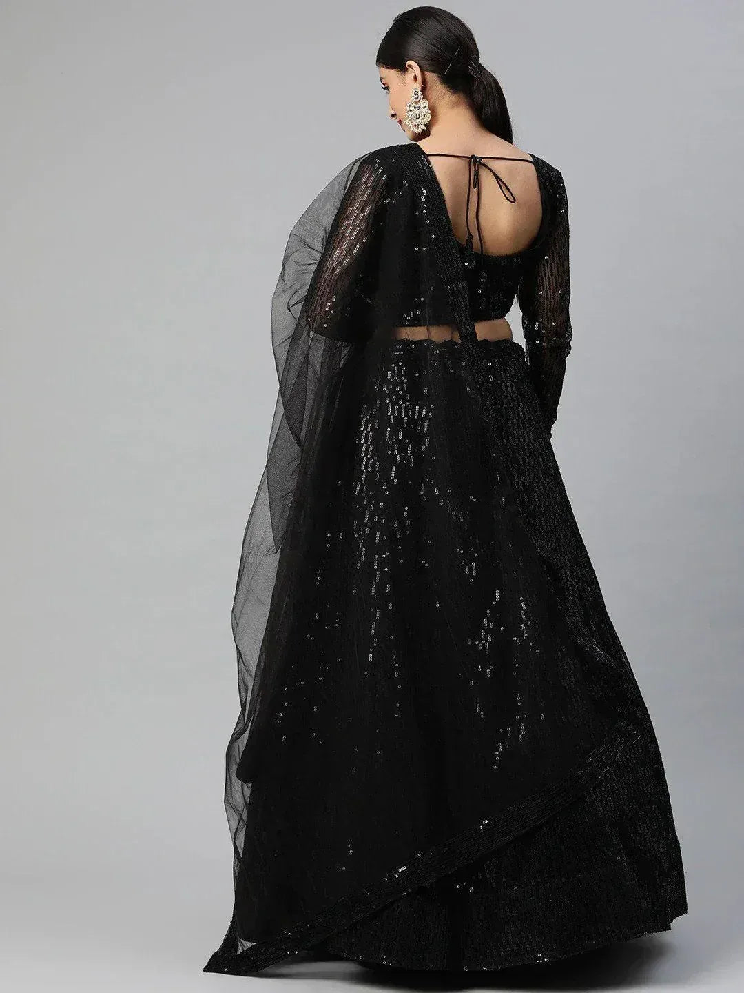 Tulsi Art Black Embroidered Sequinned Semi-Stitched Myntra Lehenga & Blouse With Dupatta | Grocsy