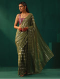trueBrowns Sage Green Cotton Silver Lurex Striped Ready to Wear Saree | Grocsy