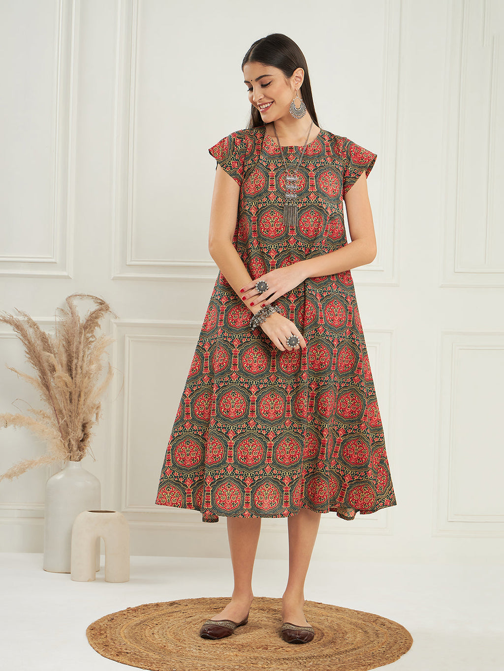 InWeave Women's Green Red Mughal Kalamkari A Line Dress | Grocsy