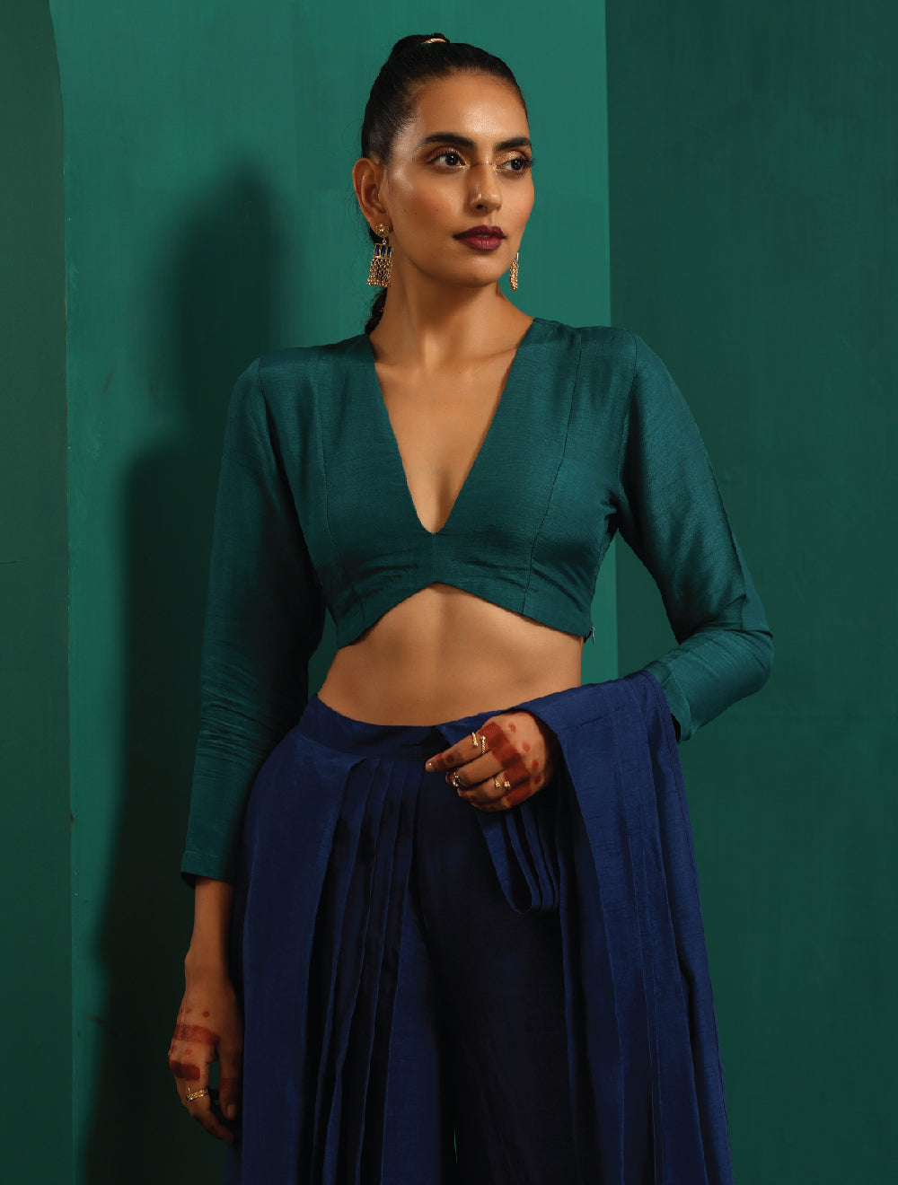 trueBrowns Teal Silk Full Sleeve Blouse | Grocsy