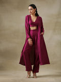 trueBrowns Purple Textured Silk Overlay Jacket Blouse Pant Set | Grocsy