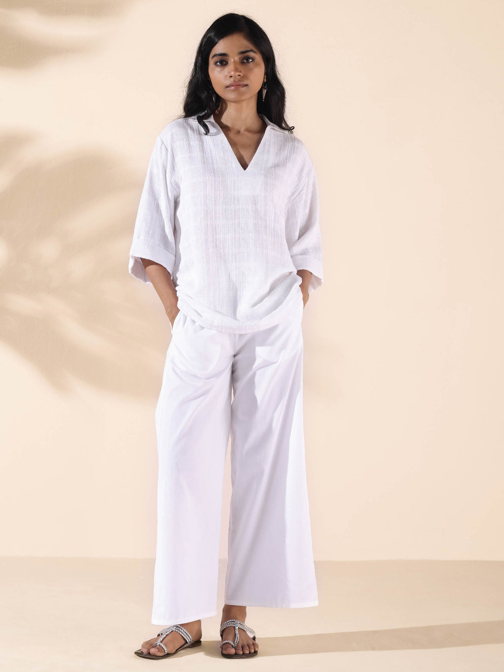 trueBrowns White Cotton Dobby V-Neck Co-ord Set | Grocsy