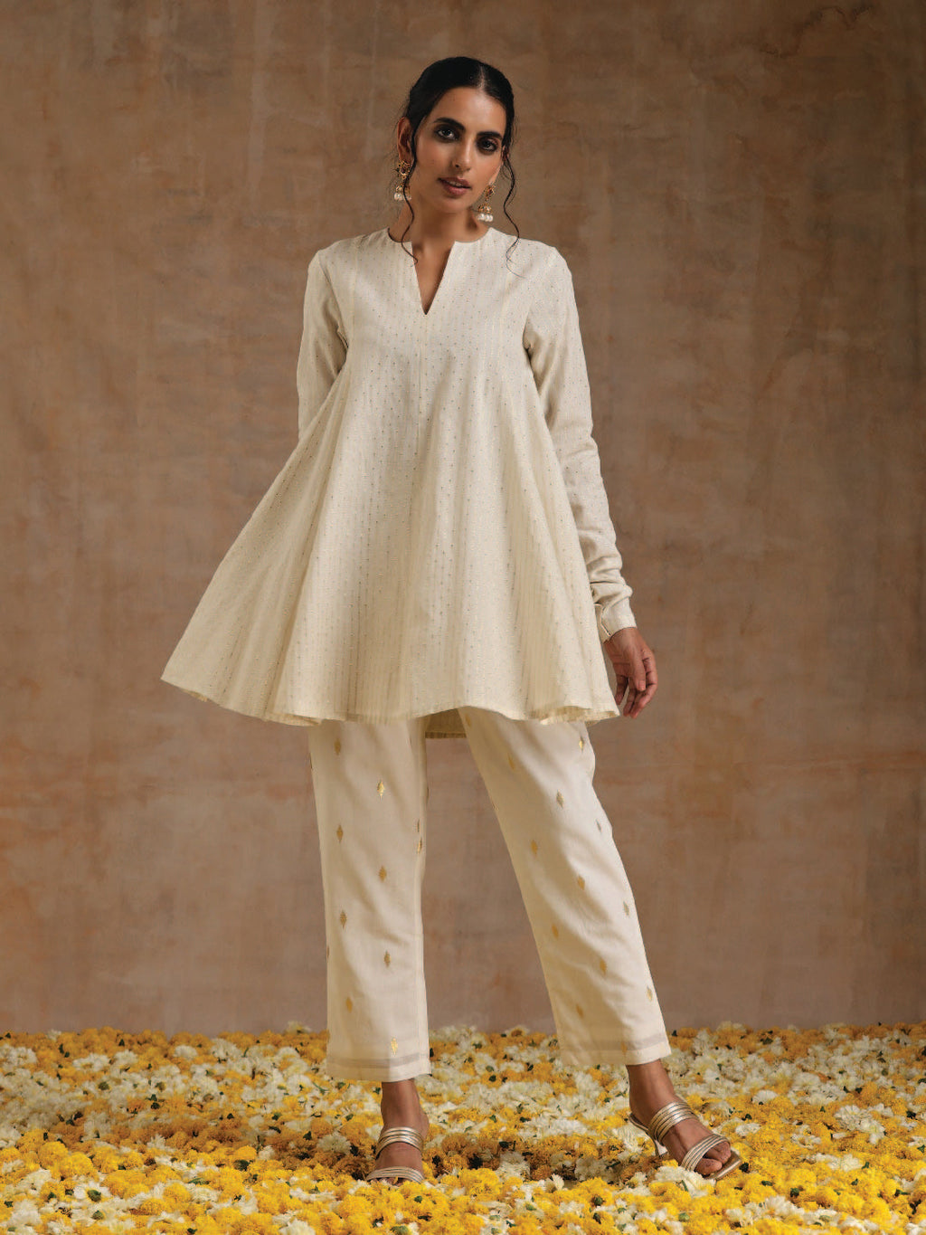 trueBrowns Ivory Gold Cotton Flared Co-Ord Set | Grocsy