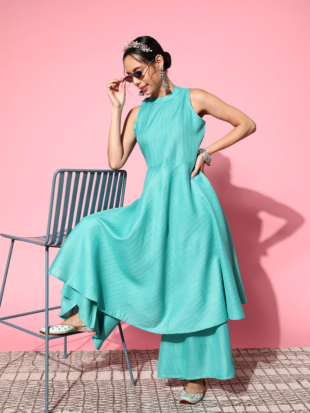 InWeave Women's Teal Lurex Boho Sleevless Kurta Set | Grocsy
