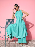 InWeave Women's Teal Lurex Boho Sleevless Kurta Set | Grocsy