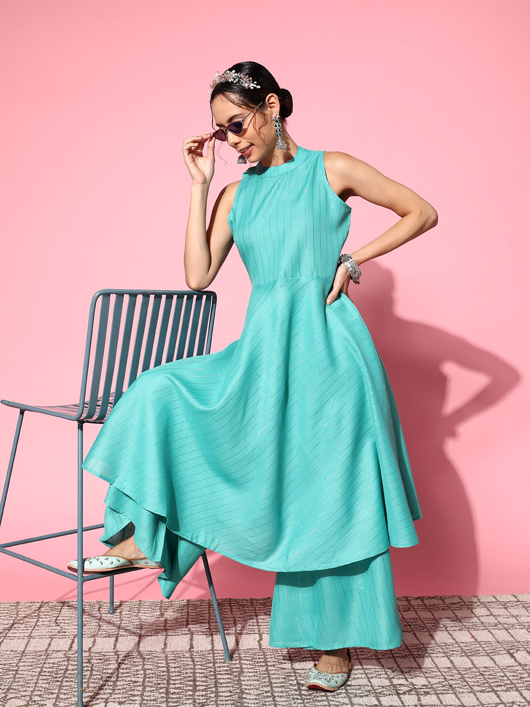 InWeave Women's Teal Lurex Boho Sleevless Kurta Set | Grocsy