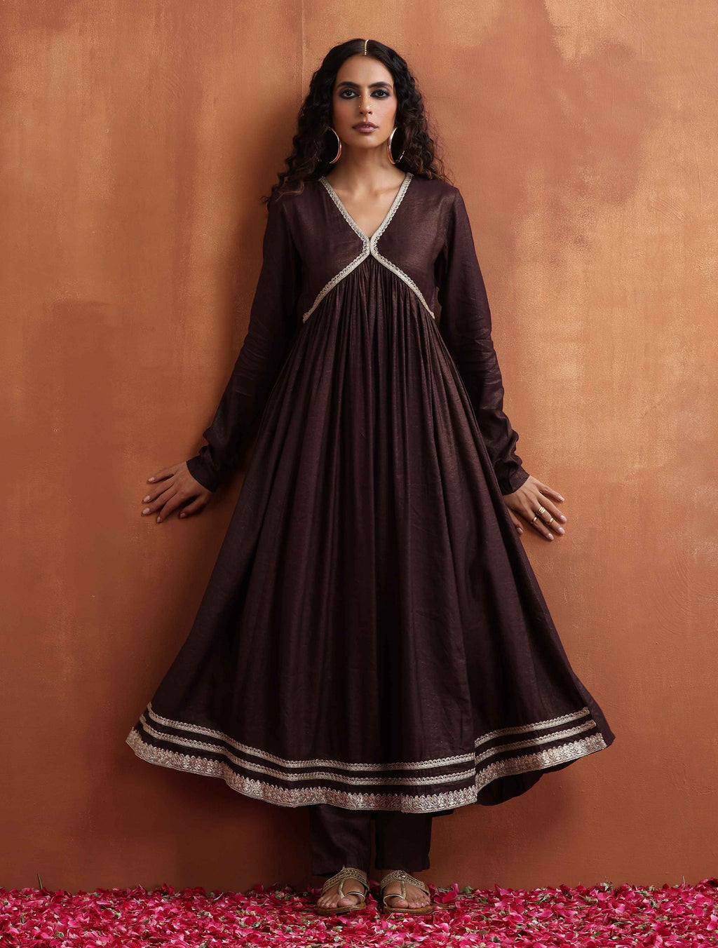 trueBrowns Brown Metallic Flared Anarkali Kurta Set | Grocsy