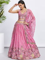 House of Panchhi Lime Green Chiffon Sequins And Thread Embroidery Lehenga Choli & Dupatta | Grocsy