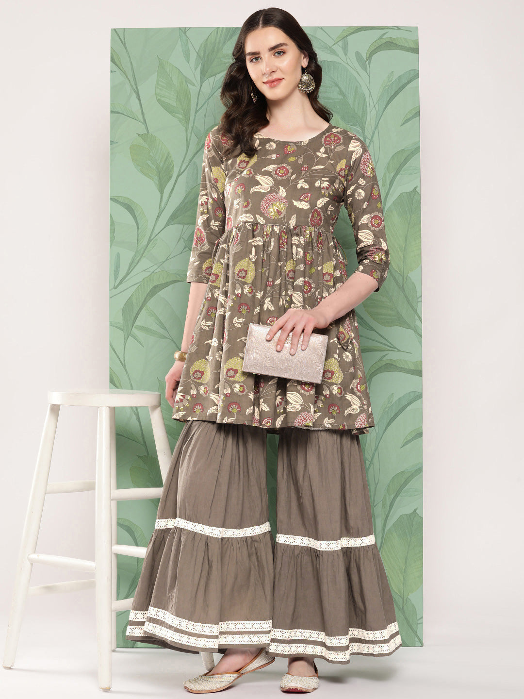 InWeave Women's Olive Shade Tropical Sharara Set | Grocsy