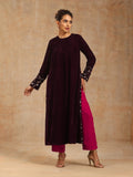 trueBrowns Wine Velvet Embroidered Kurta | Grocsy