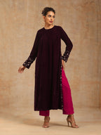 trueBrowns Wine Velvet Embroidered Kurta | Grocsy