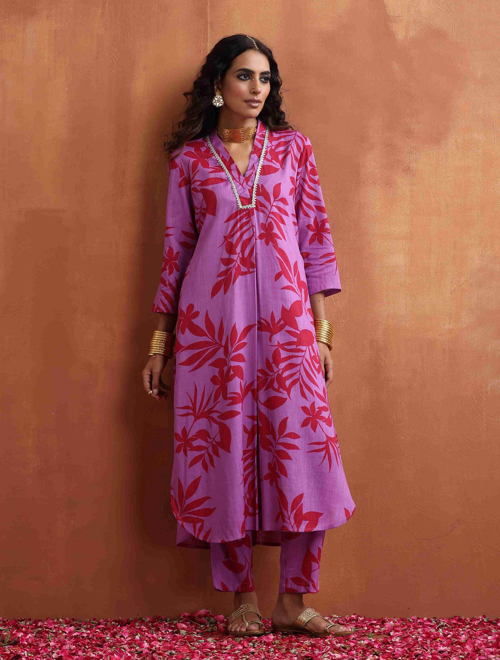 trueBrowns Purple Print Straight Kurta Set | Grocsy