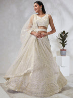 House of Panchhi Cream Net Cutdana, Sequins And Zarkan Embroidery Lehenga Choli & Dupatta | Grocsy
