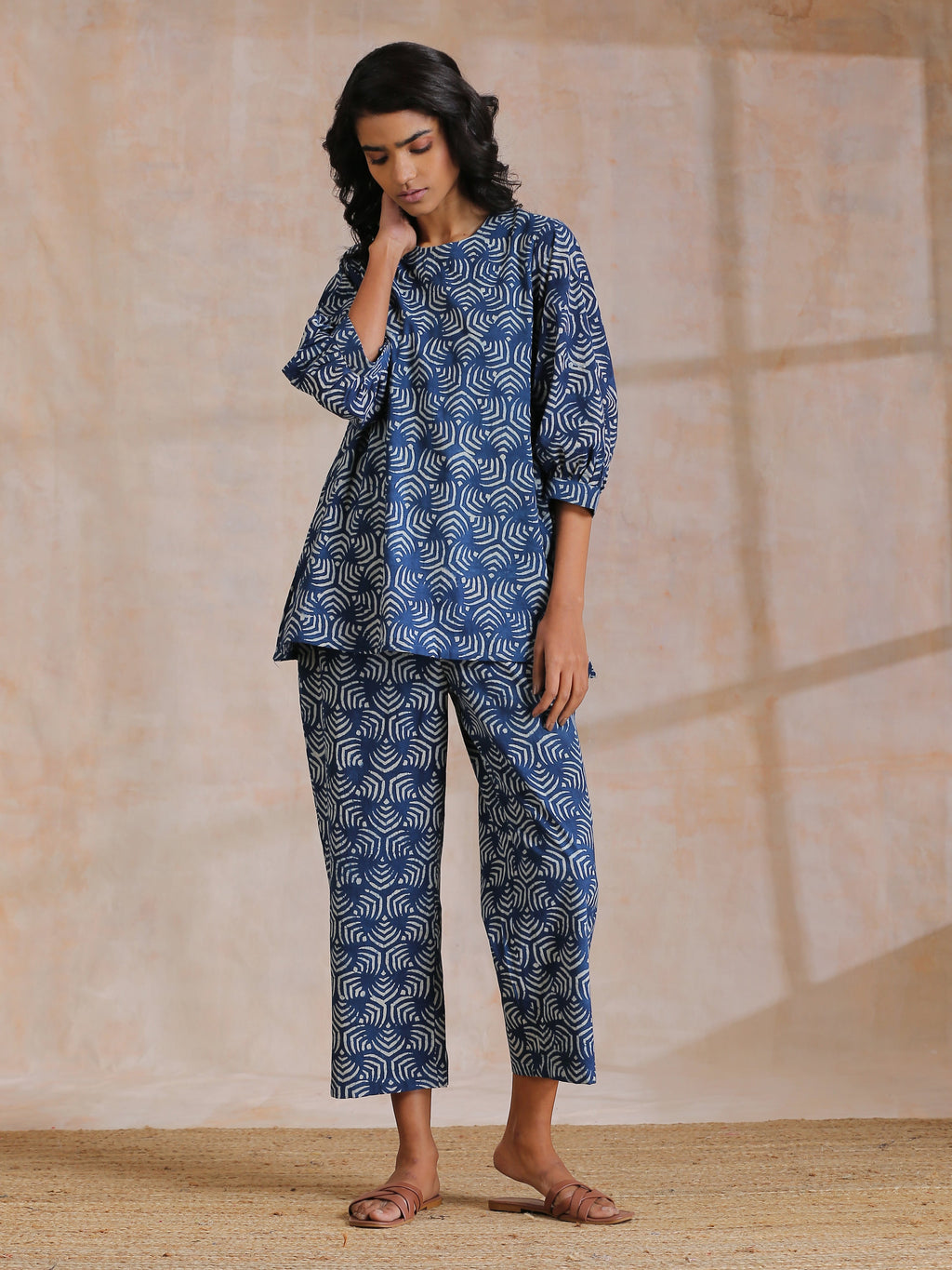 trueBrowns Indigo Dabu Overall Print Cotton Baggy Sleeve Co-Ord Set | Grocsy